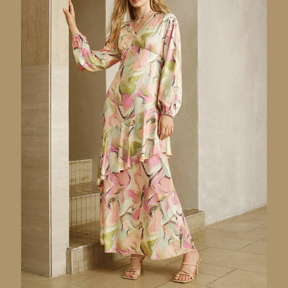 Pink Abstract Print V Neck Balloon Sleeve Tiered Ruffle Hem Maxi Dress